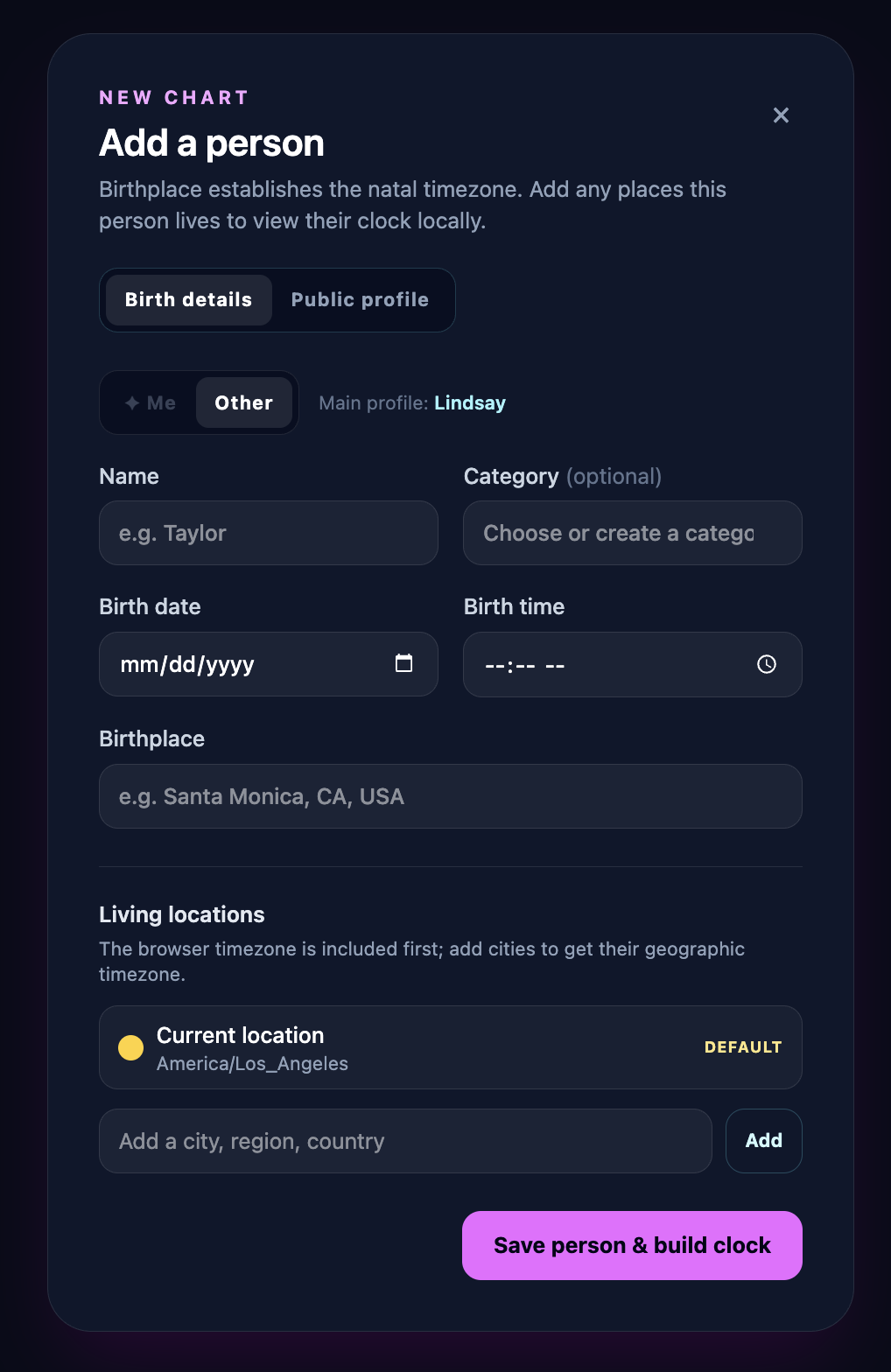 Astro Now form for adding a person and their living locations