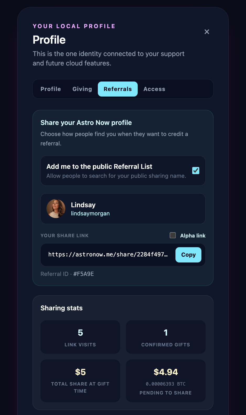 Astro Now profile screen with an optional public referral list and sharing stats